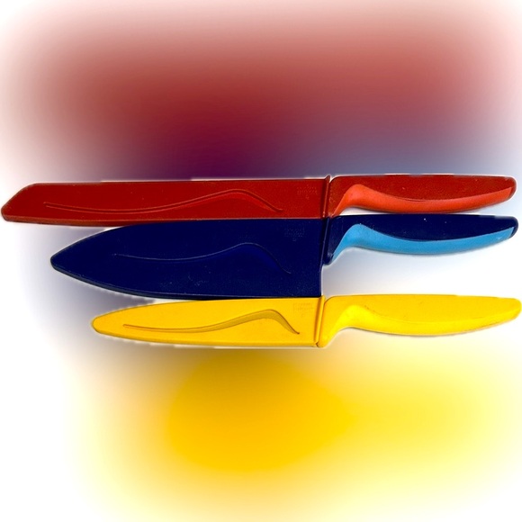 VTG RARE KUHN RIKON SET OF 3 NONSTICK BLADE KNIVES RED BLUE YELLOW 10” 11” 12” - Picture 4 of 10